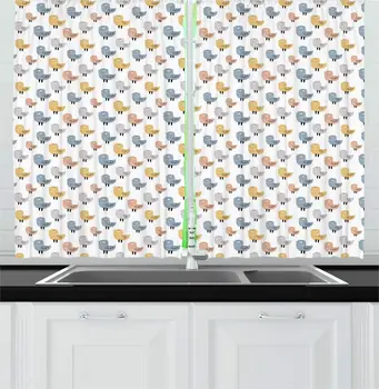 

White and Birds Kitchen Curtains of Winged Animal Themed Rhythmic Pattern in Pastel Colors Window Drapes