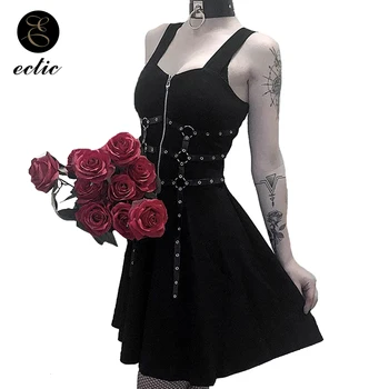 

Dark Fashion Gothic Style Dress Women Sleeveless Straps Sukienka Rivet Dress Studs Zipper Front Hipster Deep Plunge Dress Rings