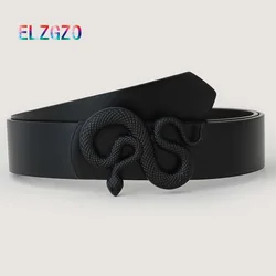 New Alloy Snake Button Head Women Belt Retro Black PU Leather Men Jeans Belt Korean Fashion Female Dress Decorative Waist Cover