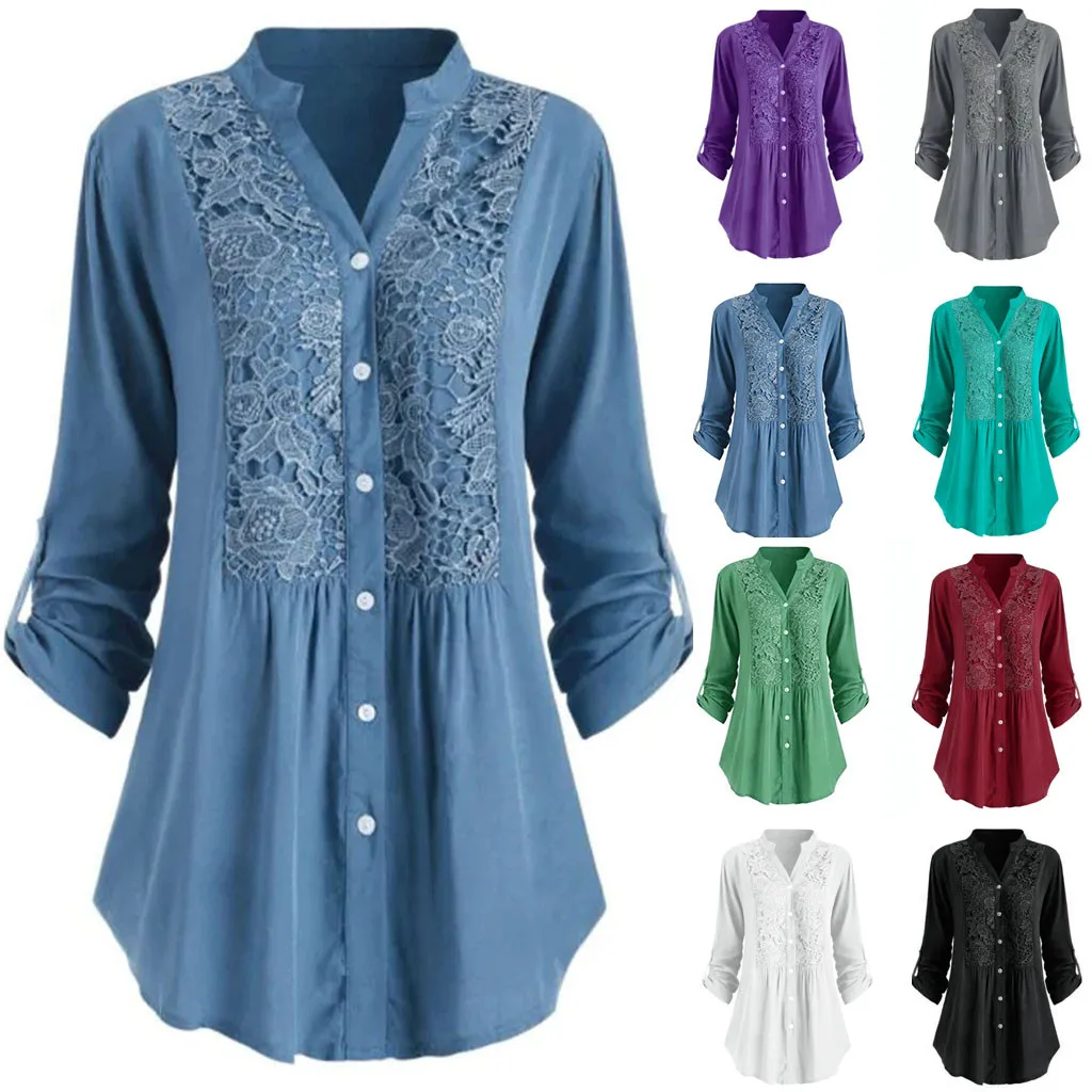 Женская Блузка, Женская кружевная рубашка большого размера на пуговицах с v-образным вырезом и длинным рукавом, блуза Блуза Женская Vadim