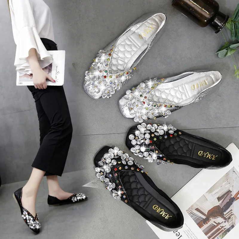 

INS Shoes Women's 2019 Summer New Style Square Head Korean-style Versatile Low-Cut Man-made Diamond Side Scoop Bootie Flat Netwo