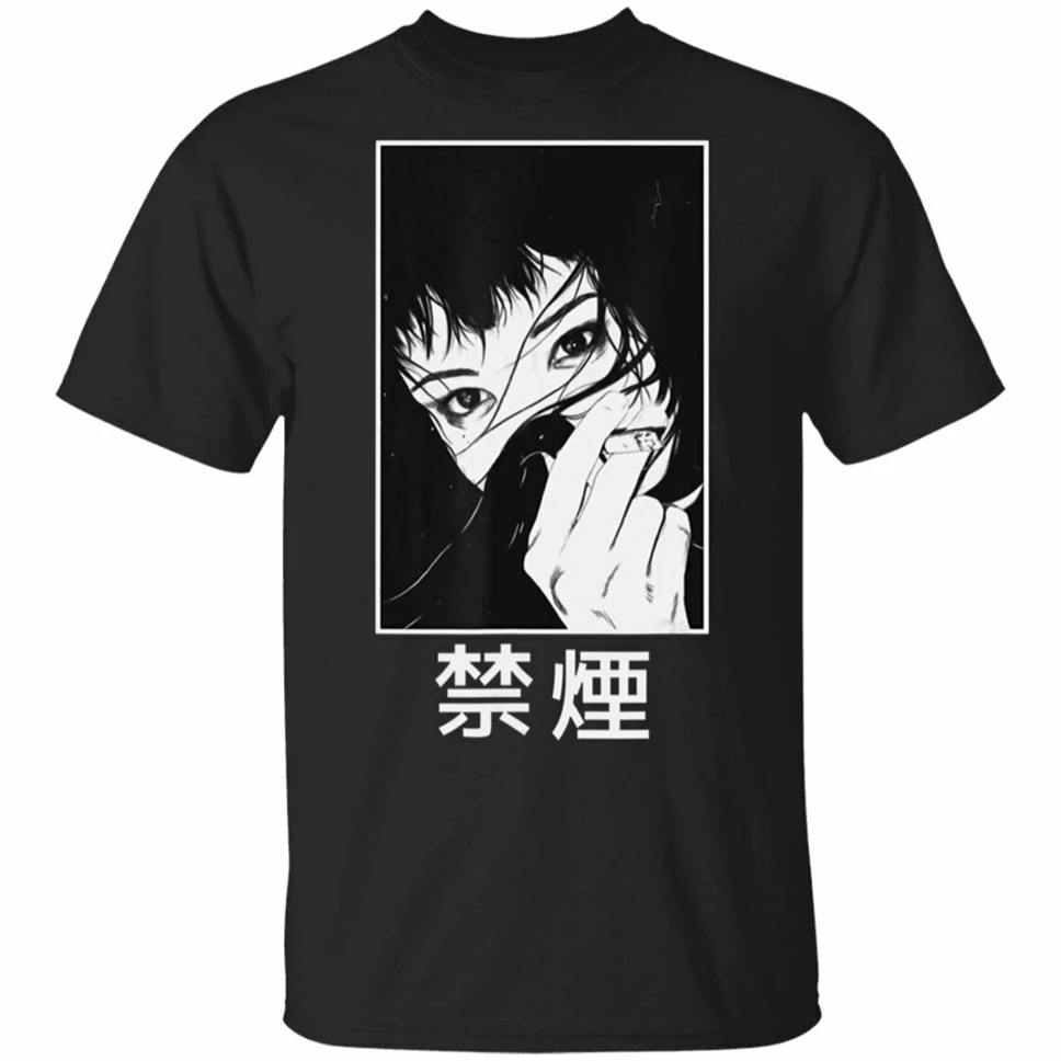 Не курить сигарет футболка Kanji аниме японский черный темно-синяя свободный стиль