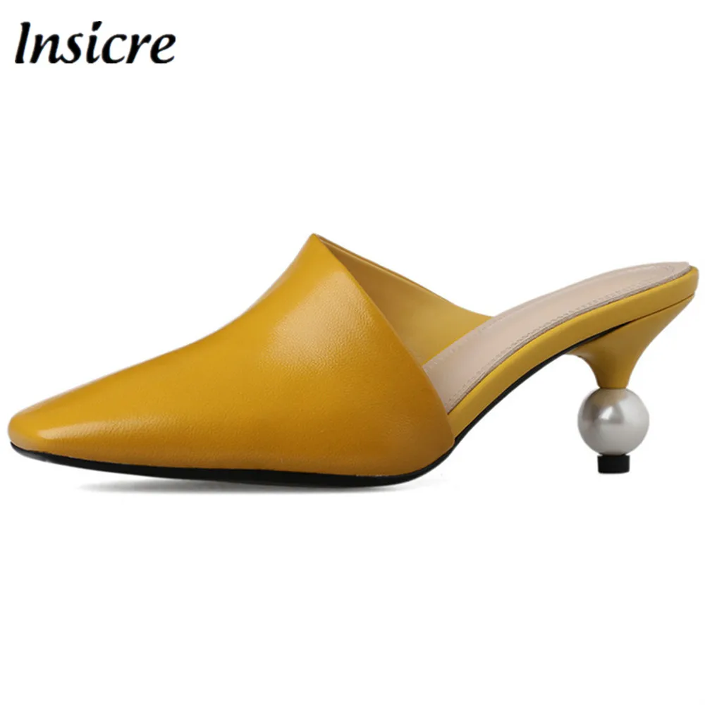 

Insicre Elegant Genuine Leather Square Toe Pearl Heel Women Sandals High Heels Slingback Solid Summer Slip On Mules