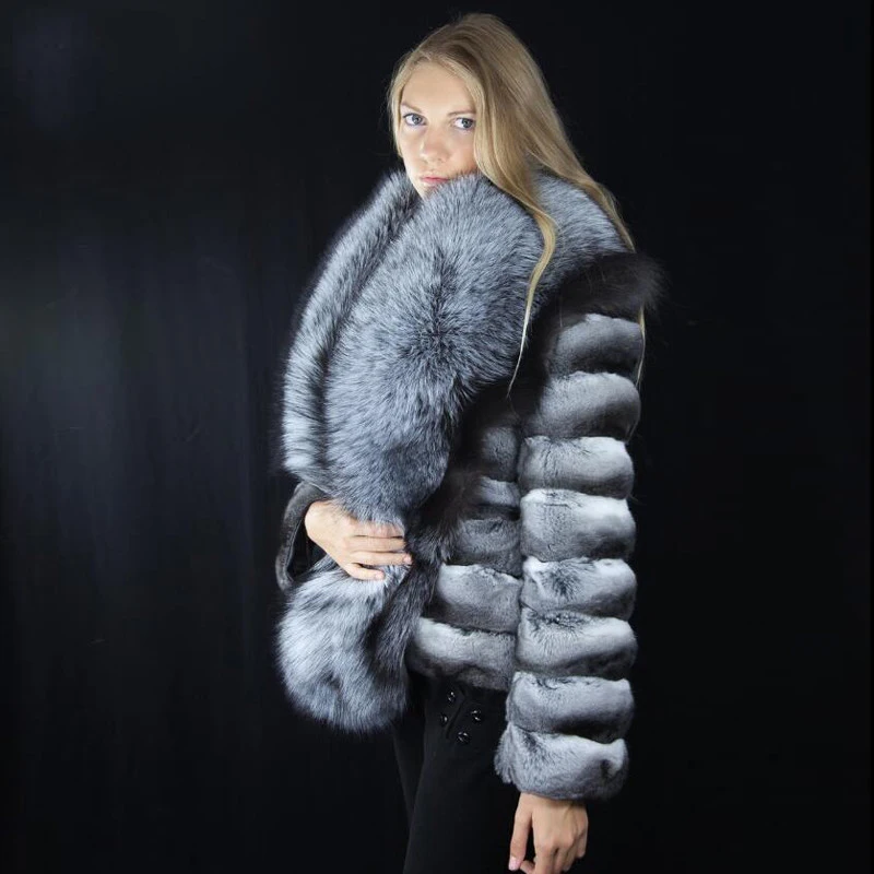

FURSARCAR 2019 Fashion Women Natural Rex Rabbit Fur Coat With Big Silver Fox Fur Collar Winter Thick Warm Female Real Fur Coat