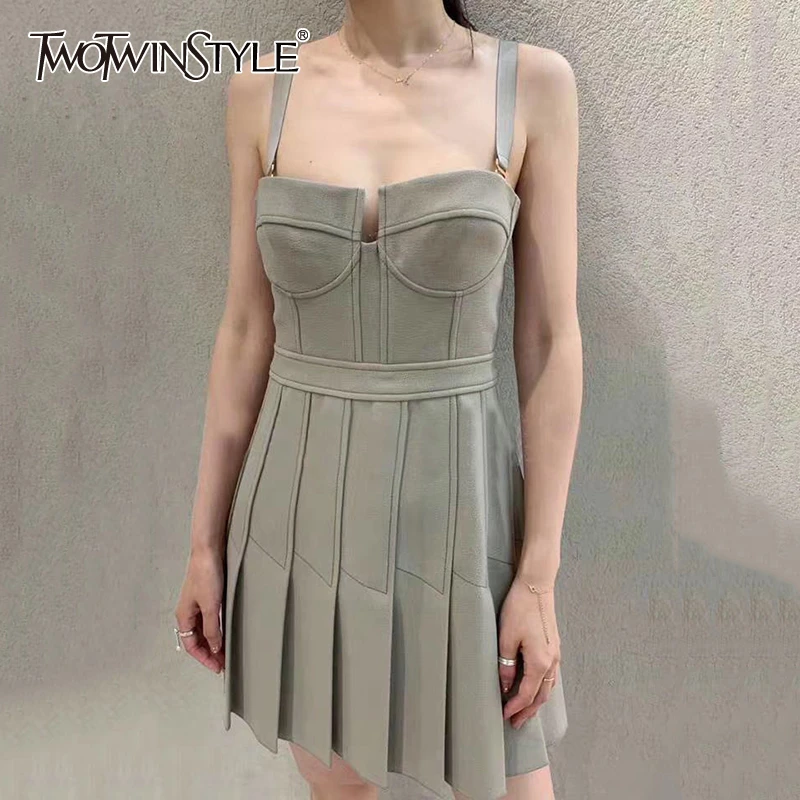 TWOTWINSTYLE Casual Dresses For Female Square Collar Sleeveless Spaghetti Strap High Waist Ruched Mini Dress Women Fashion Tide TWOTWINSTYLE Casual Dresses For Female Square Collar Sleeveless Spaghetti Strap High Waist Ruched Mini Dress Women Fashion Tide