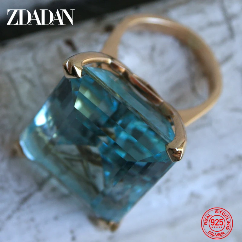 ZDADAN 925 Sterling Silver Aquamarine Gemstone Ring For Women Fashion Party Jewelry Gifts