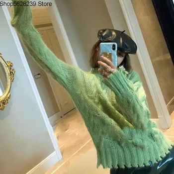 

A~c 2020 Hollow Out Wear And Tear Mohair Twisted Flower Butter Fruit Women's Wear Knitting Sweater 190606