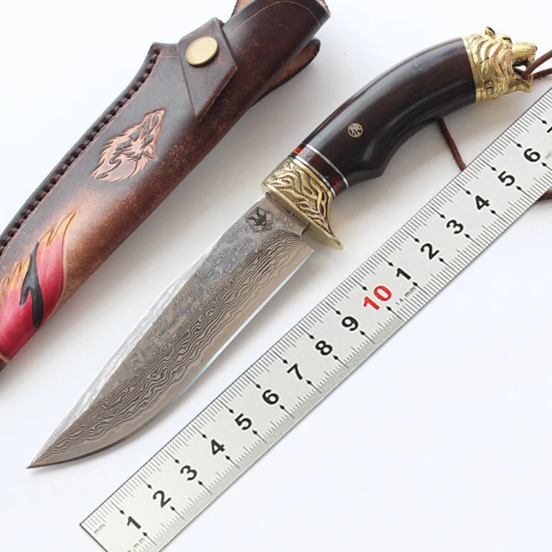 

Wolf Handmade knife Damascus blade ebony wood handle 60hrc fixed blade knives camping Hunting Survival Collection Gift EDC tool