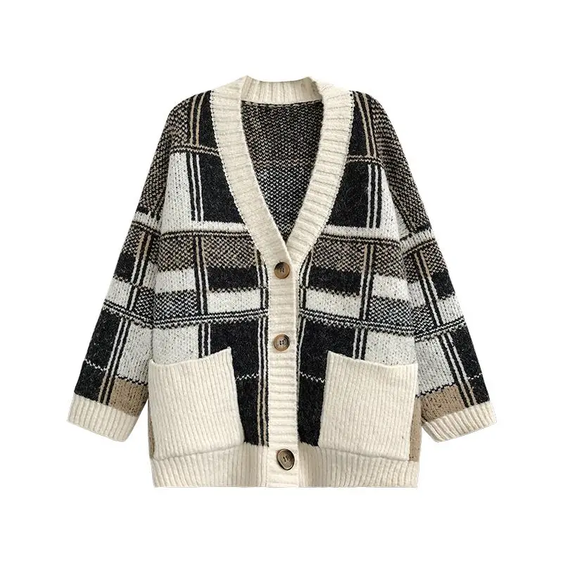 Neploe/Винтажный вязаный кардиган для женщин; Свободный Повседневный стиль; лоскутный клетчатый свитер; пальто с v-образным вырезом; длинный рукав; контрастный цвет; 46758 - Цвет: khaki