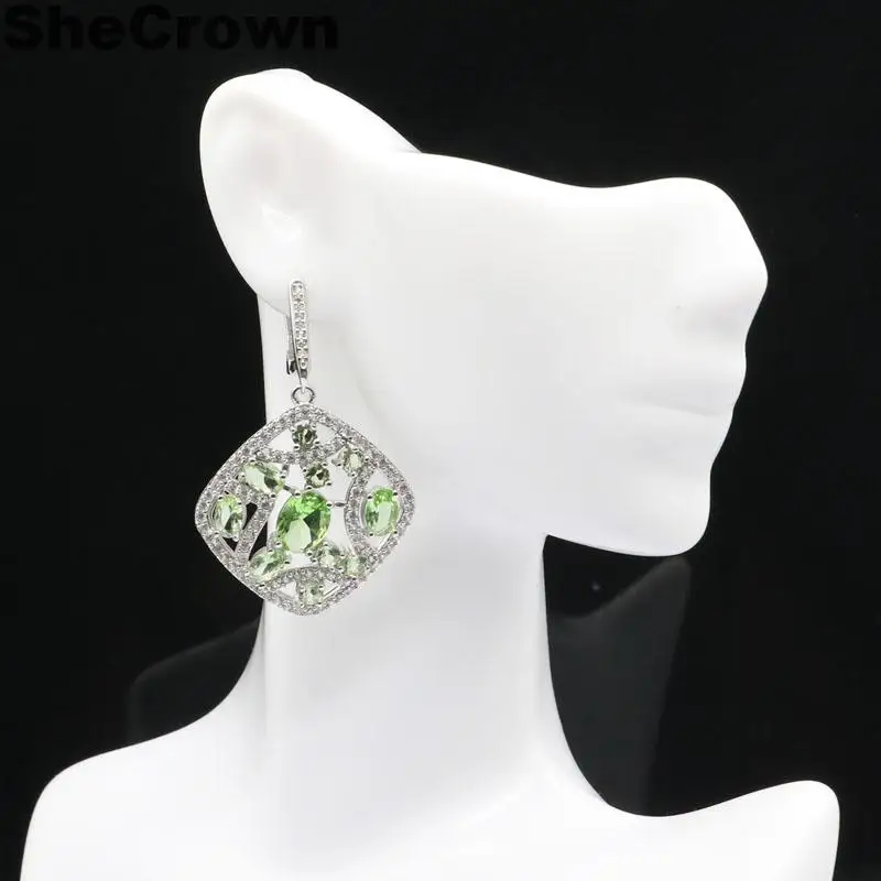 

47x30mm Elegant Created Green Tsavorite Garnet White CZ SheCrown Woman's Silver Earrings