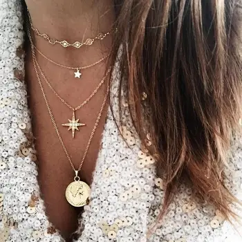 

Glamour Necklace 2020 Fashion New Temperament Star Round Coin Meteor Pendant Multilayer Ladies Combination Necklace Gift