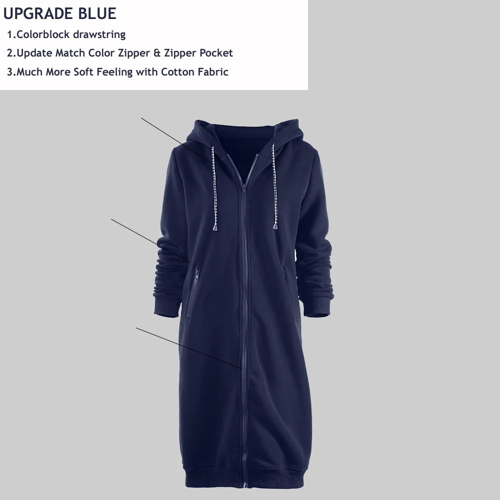 Wipalo размера плюс больше размера d толстовки Толстовка Осенняя женская уличная длинная куртка пальто на молнии с карманом винтажная Верхняя одежда Casaco 5XL - Цвет: Upgrade Blue