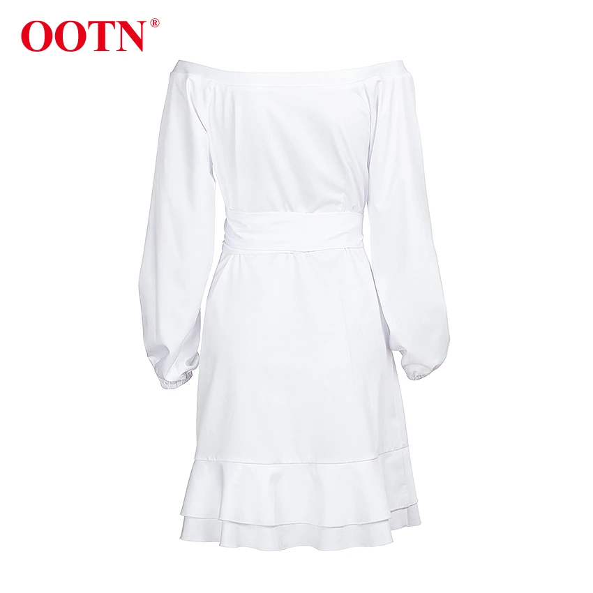 OOTN Элегантное Белое Женское платье с v-образным вырезом, каскадные оборки, длинный рукав, шнуровка, бант, асимметричная обертка, платья для женщин, Осень-зима