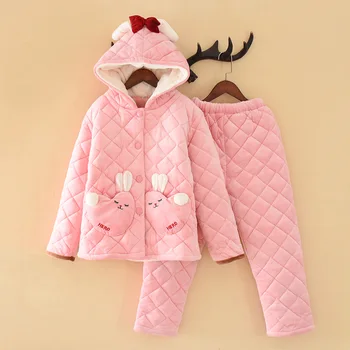 

Sleepwear Pajamas Set Cute Children Winter Flannel Thicken Cartoon Pink Pyjamas Suit 2PCS Nightwear Keep Warm Hooded Homewear