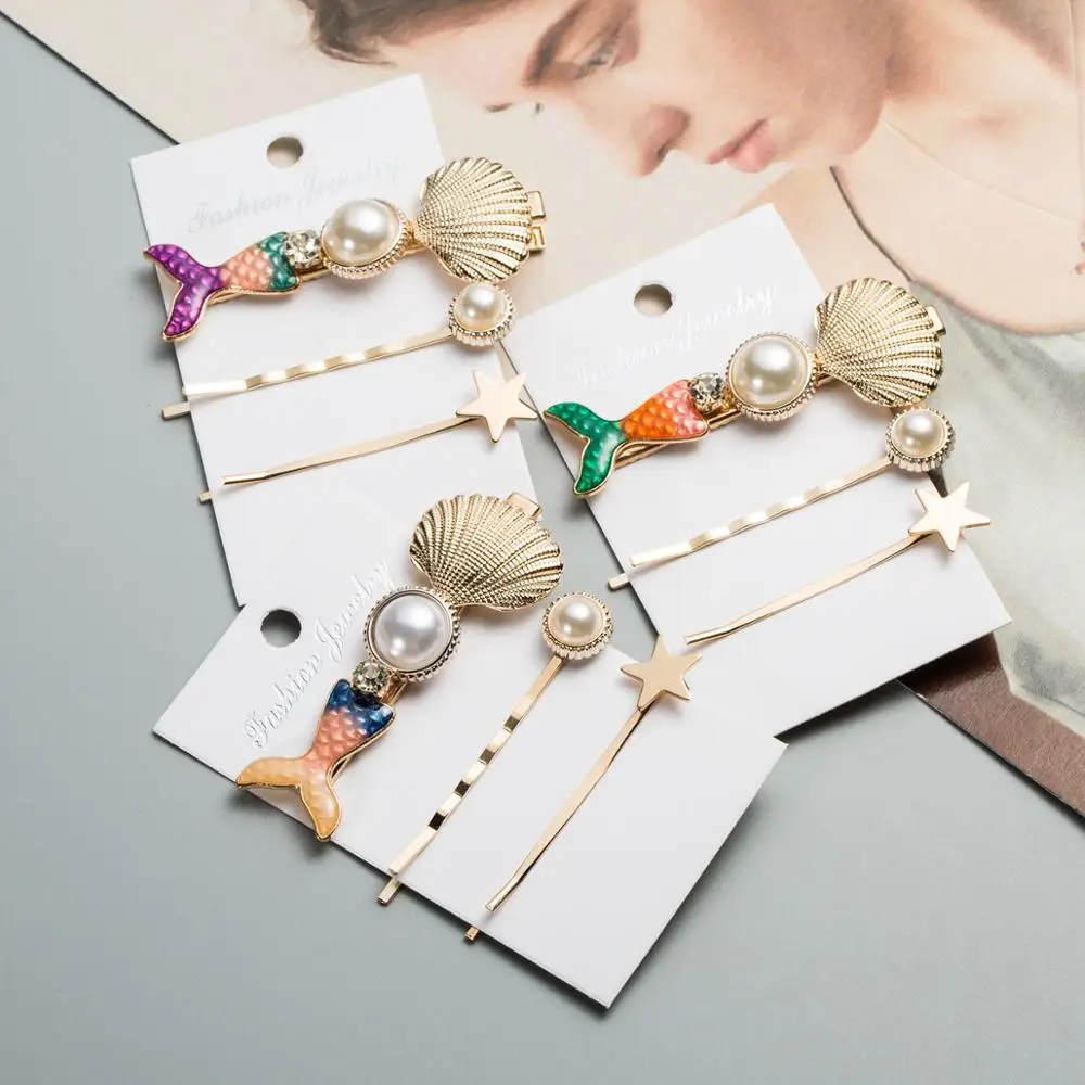 2019 New Mermaid Tail Hairgrips 3pcs Set Women Korean Graceful Pearl Star Shell Hair Pins Hiar Clips Fashion Girls Ornament | Украшения и