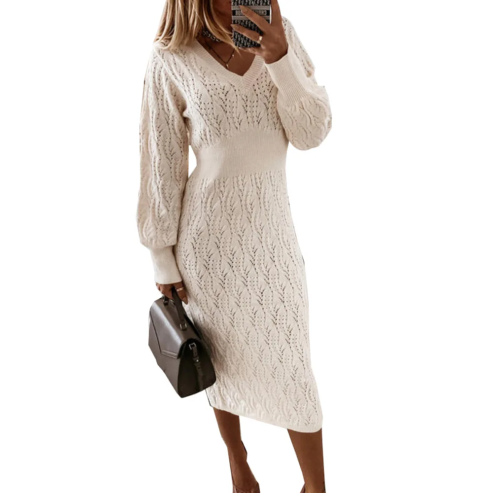 

Autumn Winter M-3XL Comfortable Slim V Neck Bodycon Knit Casual Women Midi Sweater Dress