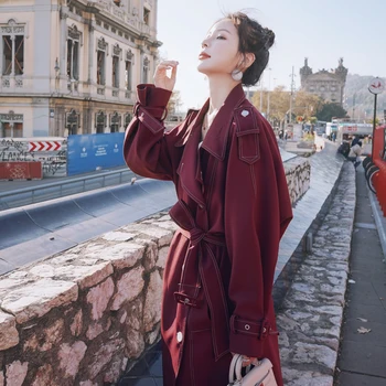 

Fashion New Women Trench Coat Long Double Breasted Windbreaker Duster Coat Solid Red Oversized Loose Spring Autumn Outerwear