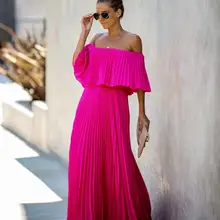 Элегантное богемное пляжное платье с открытыми плечами, шифоновое летнее Плиссированное Макси женское платье Vestidos Verano, розовое, черное