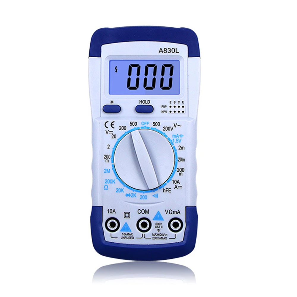 Multímetro digital con pantalla LCD iluminada y función de zumbido, herramienta de testeo de voltaje CC y CA, resistencia, temperatura, capacitancia, frecuencia, A830L, 1 unidad