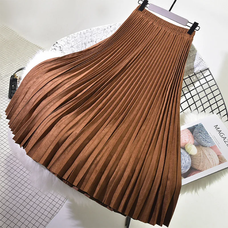Camel Brown Qiuxuan искусственная замша кружевная длинная юбка женская плиссированная юбка осень зима модная Эластичная Высокая талия Повседневная Женская Макси юбка - Цвет: Camel Brown