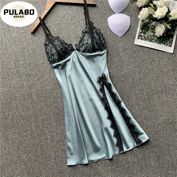 

2020 Woman Ice Silk Sexy Camisole Nightgown V-Neck Lace Imitate Real Silk Nightwear