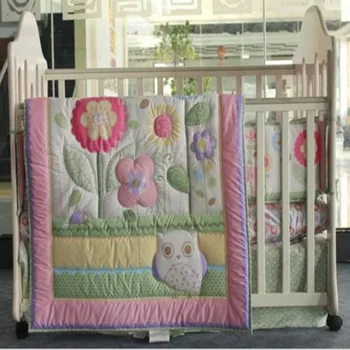 

Promotion Crib bedding set 6pcs Baby Bed set Baby Quilt Embroidery 3D Owl Flowers Cot bedding set 100%Cotton Fitted Bed Around