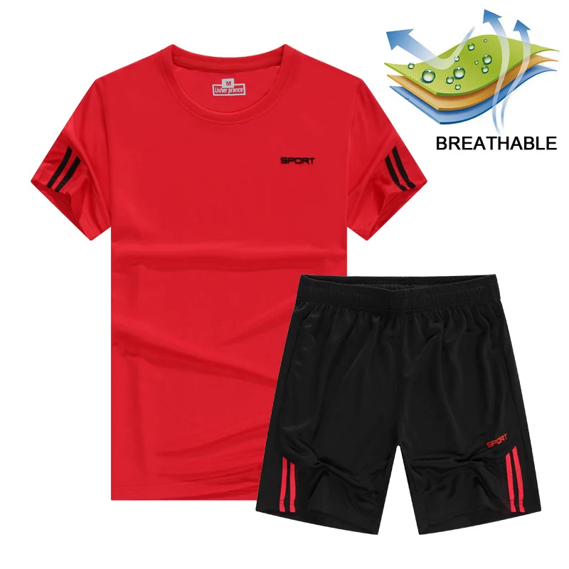 Быстросохнущие мужские спортивные костюмы для бега тренировки по футболу баскетболу спортивные костюмы Джерси летняя спортивная одежда для фитнеса комплекты одежды для спортзала - Цвет: RED Running Set