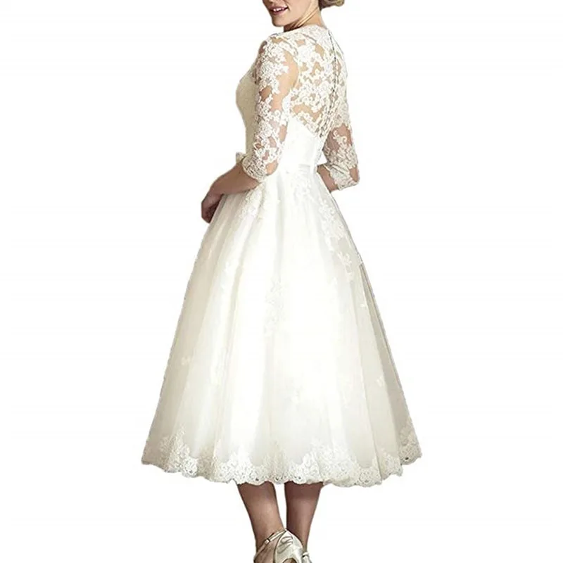 Vestidos de novia de encaje corto, longitud t&eacute;, manga larga, V, con cuello vestidos novia, apliques encaje, vestido