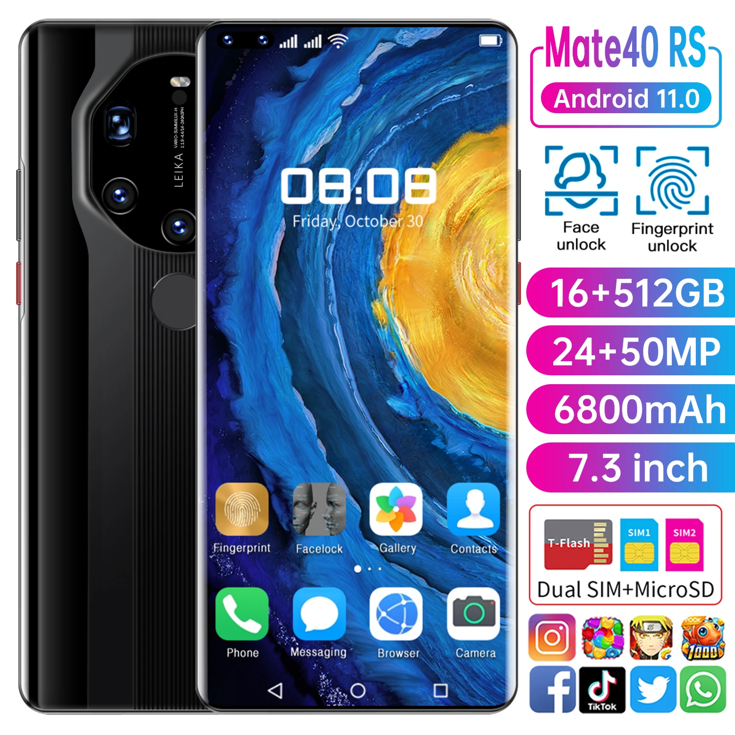 2021 yeni küresel sürüm 7.3 inç Mate40 RS 16GB + 512GB Smartphone cep telefonu 24 + 50MP 4G 5G ağ 6800mAh GPS WiFi cep telefonu