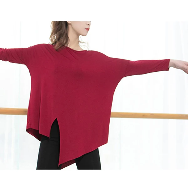 Women Split Solid Color Round Collar Long Sleeve Top Breathable Costumes for Dancing TS95