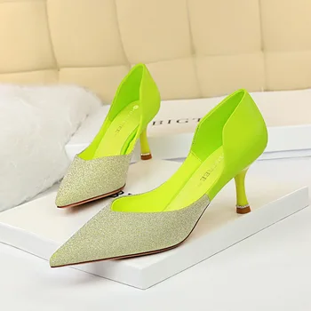 

BIGTREE Pumps Women High Heels Shoes Pointed Toe two piece Pump Shallow Stilettos mixed color Slip on Slide zapatos de mujer