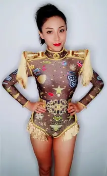 

Jumpsuit Dj Rhinestones One Piece Bodysuit Costume Printed epaulettes tassel stretch adult stage costume Outfit Singer cl