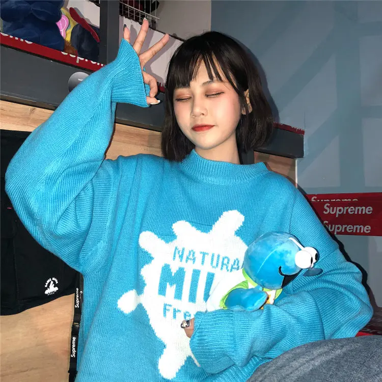

New Autumn Sweater Cotton Women 2019 Harajuku Milk Embroidered Blue Sweater Loose Round Neck Vintage Cartoon Sweater Female
