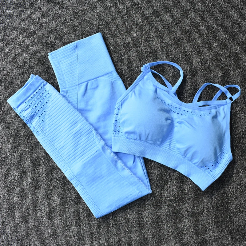 Blue 2 шт., спортивные костюмы, бесшовный комплект для йоги, женская одежда для фитнеса, спортзала, спортивная одежда, женские леггинсы для спортзала, мягкий пуш-ап спортивный бюстгальтер на бретелях - Цвет: Blue