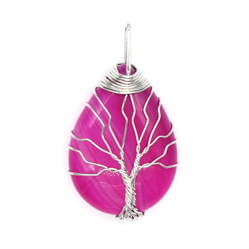 KFT Wire Wrapped Tree of Life Pendant Natural Healing Crystal Quartz Tear Drop Chakra Points Reiki Stone Pendant Jewelry - Image 2