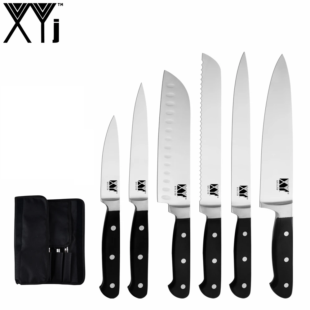 C.7pcs set XYj набор кухонных ножей точилка 8 ''подставка для ножей 7cr17 острое лезвие шеф-повара для нарезки хлеба Santoku утилита для очистки овощей аксессуары для ножей - Цвет: C.7pcs set