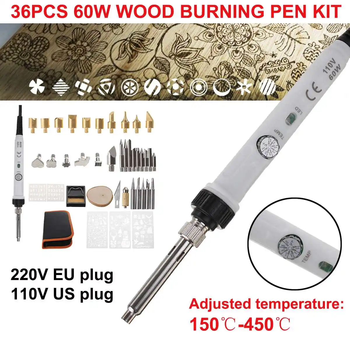 Soldering Iron Carving 60W Adjustable Pyrography Tool Wood Embossing Burning Solder Pen Set Welding 36 Tips Kit Pyrography Tools