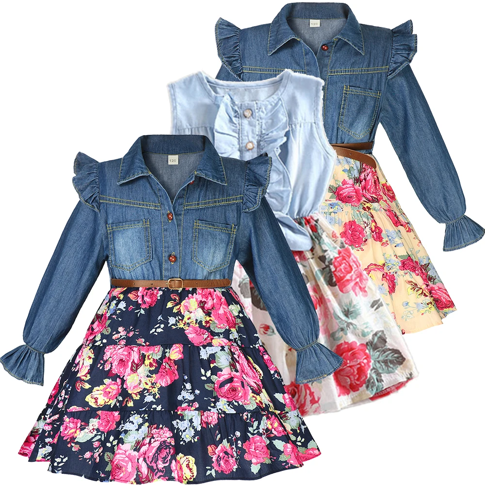 Girls Baby Dress Floral Denim Children's Clothing Clothes Autumn Long-Sleeved with Belt | Детская одежда и обувь
