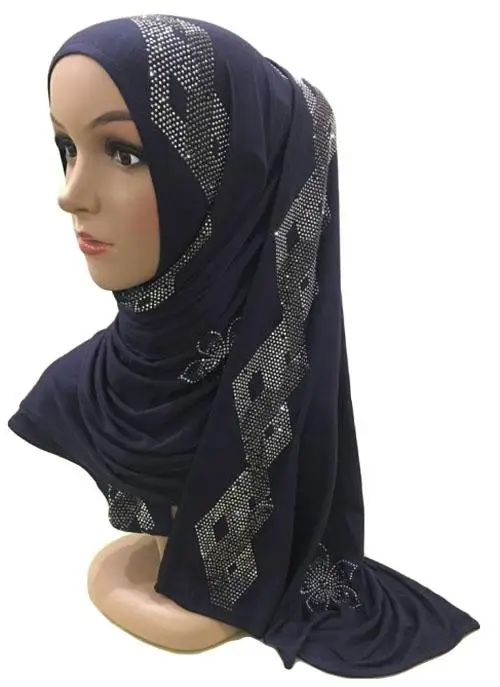 Мусульманские женские Стразы, арабский хиджаб, шарф, Исламский длинный платок, головной убор, Shayla, платок, большие шарфы, полное покрытие, шапочка для молитвы, Новинка - Цвет: Тёмно-синий