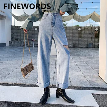 

INEWORDS New Vintage Boyfriend Wide Leg Jeans Loose Ripped Hole Jeans Femme High Waist Plus Size Washed Cotton Blue Ladies Jeans