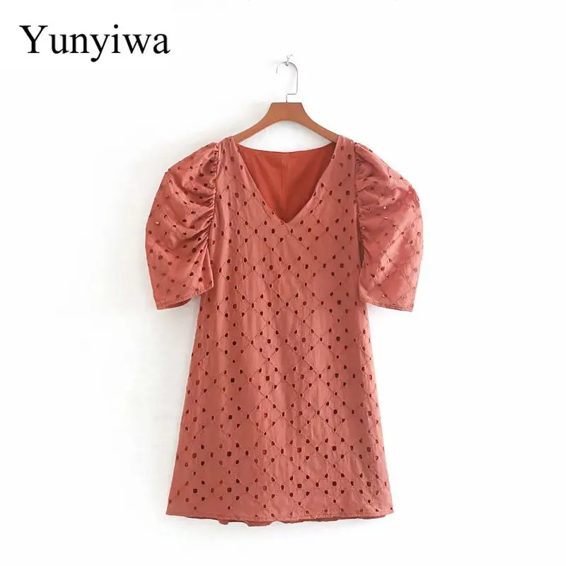 

New Women Sweet Hollow Out Embroidery Straight Mini Dress Female Retro V Neck Puff Sleeve Vestidos Chic Brand Dresses