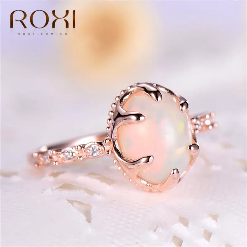 ROXI Овальный огненный опал кольца для женщин Шесть когтей розовое золото свадебное обручальное кольцо кольца циркон горный хрусталь украшения для пальцев подарок для девочки