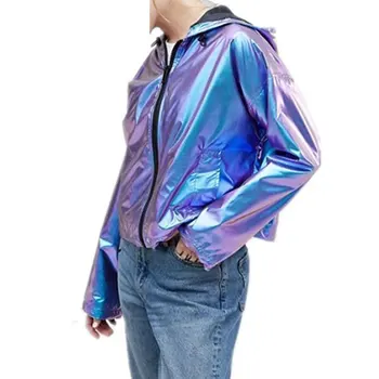 

New Women's Jackets Metallic Color Bomber Jacket Womens Outerwear Hooded Spring Coat Femme Zip Up Waterproof Jackets