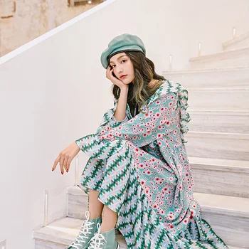 

NAQIT S8563-1 spring style idyllic style loose large size maxi dress side floral dress