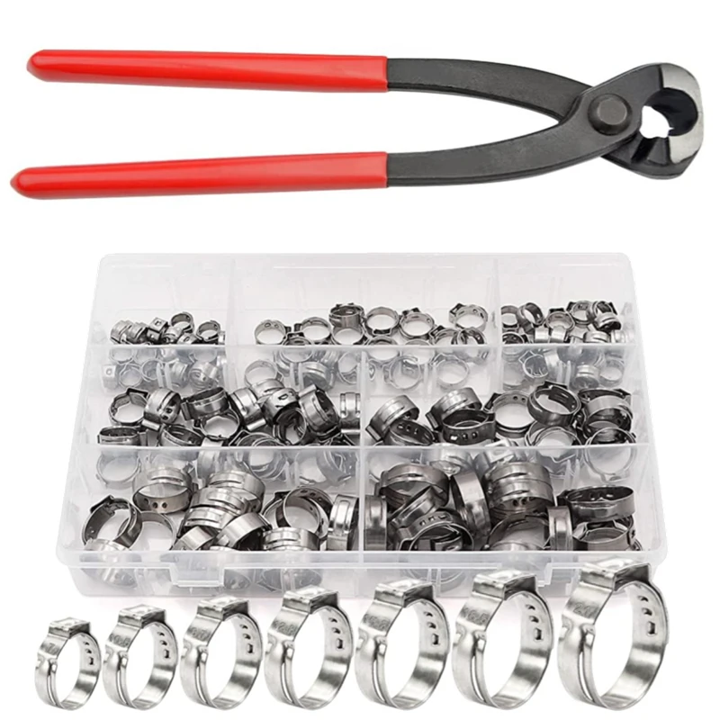 

140PCS/Set Car Fuel Water Hose Pipe 5.8-21mm 304 Stainless Steel Single Ear Hose Clamp + 1PCS Hose Clip Clamp Pliers