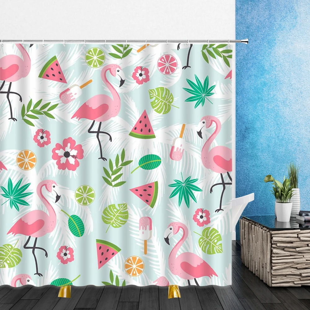 

Cartoons Shower Curtains Animal Pink Flamingo Green Leaf Plant Flowers 3D Bathroom Home Decor Waterproof Polyester Cloth Curtain
