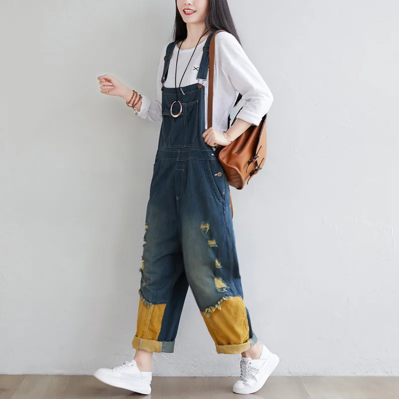 Ripped Jeans Jumpsuit Women Autumn 2020 Loose Denim Trouser Overalls Vintage Blue Pockets Plus Size Casual Bib Pants with Straps