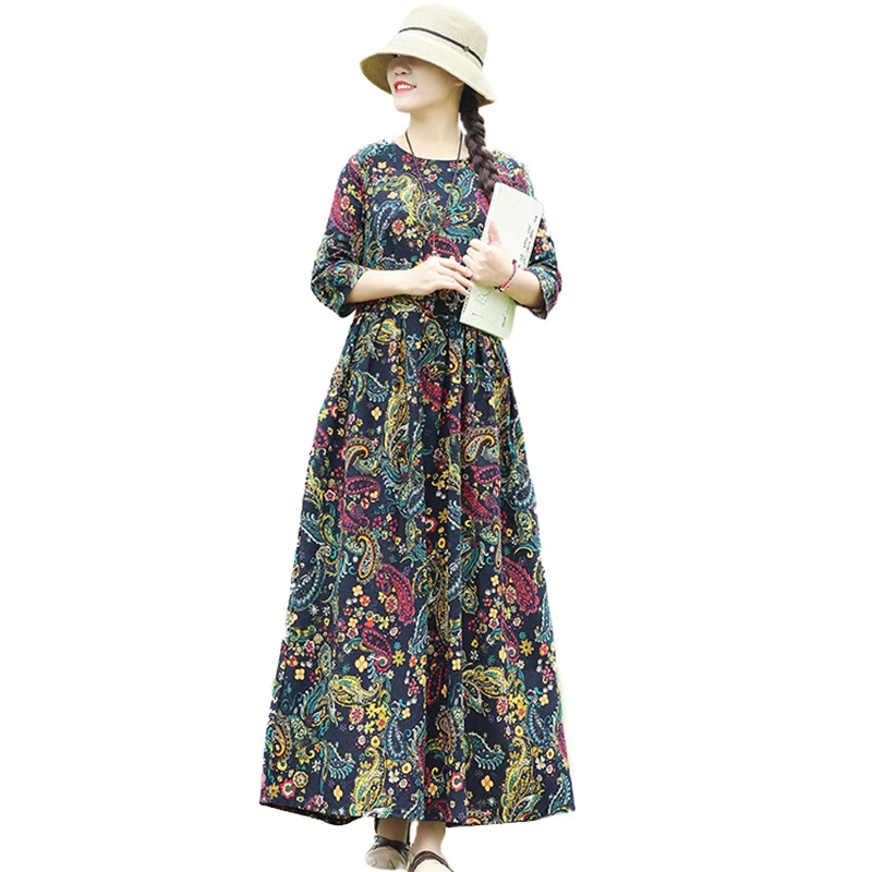 EaseHut Women Autumn Floral Print Cotton Linen Dress O Neck Three Quarter Sleeve High Waist Pleated Pocket Loose Maxi Long Dress - Цвет: Тёмно-синий