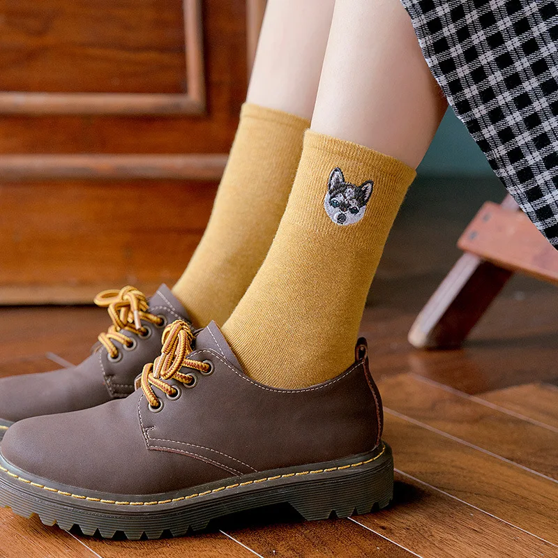 Dreamlikelin/осенне-зимние уличные женские хлопковые носки с вышивкой в виде животных и собак