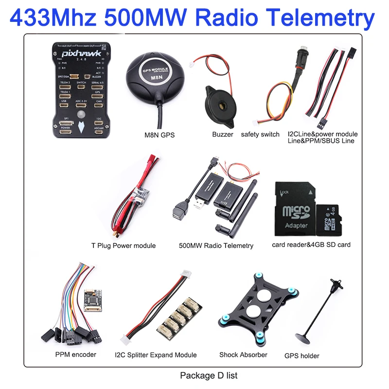433Mhz 500 PackageD Контроллер полета Pixhawk 2.4.8 PX4 PIX+ 3DR 100 мВт/500 МВт радиотелеметрия 433 МГц 915 МГц+ M8N gps+ T Модуль питания+ gps Держатель - Цвет: 433Mhz 500 PackageD
